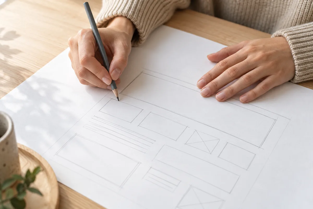 Mains d&rsquo;une designer dessinant des blocs de maquette au crayon sur une feuille blanche