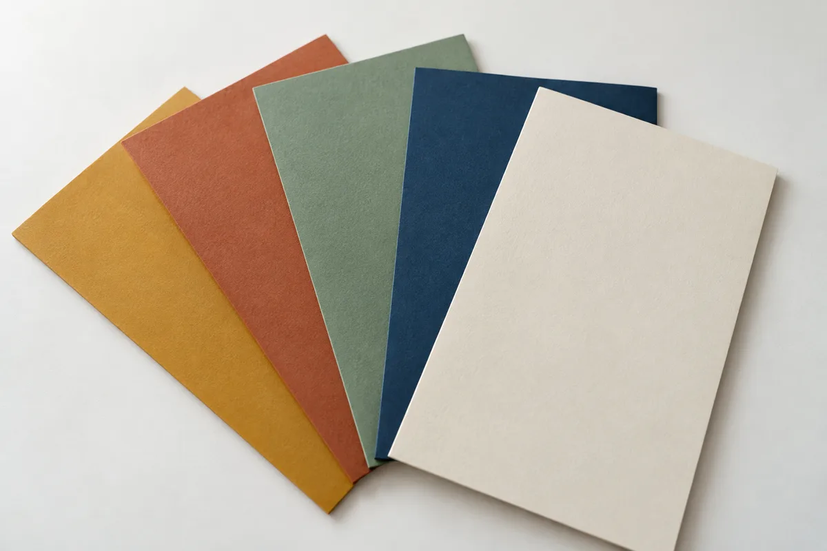 Nuancier de papiers colorés disposés en éventail sur une table blanche