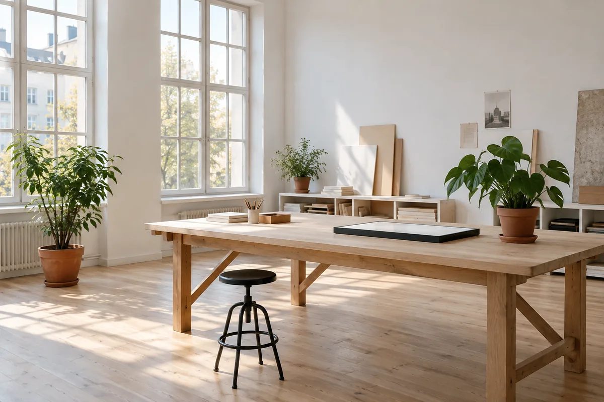 Bureau d&rsquo;un studio de design avec table lumineuse, plantes et fenêtres hautes