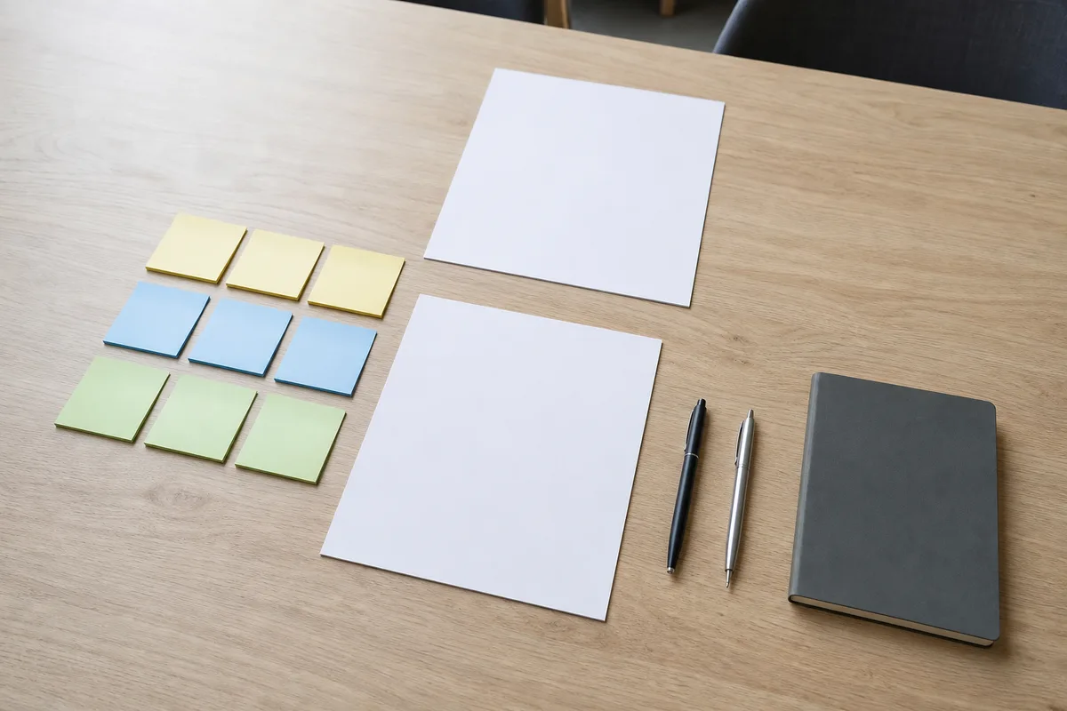Table de réunion en bois clair avec des notes manuscrites et des post-its de cadrage de projet web