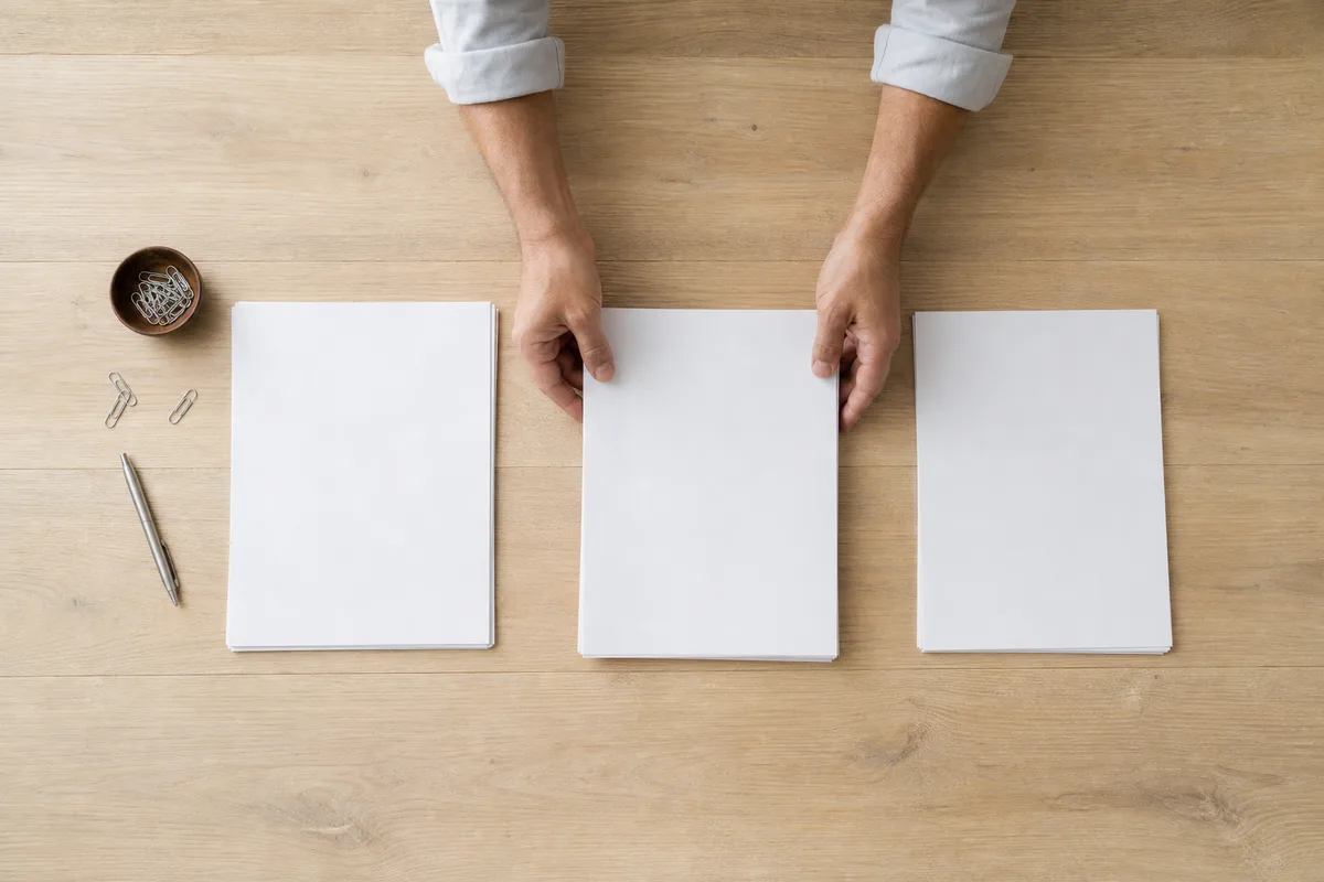 Mains d’une personne classant des feuillets de projet en piles ordonnées sur une grande table de travail, vue de dessus