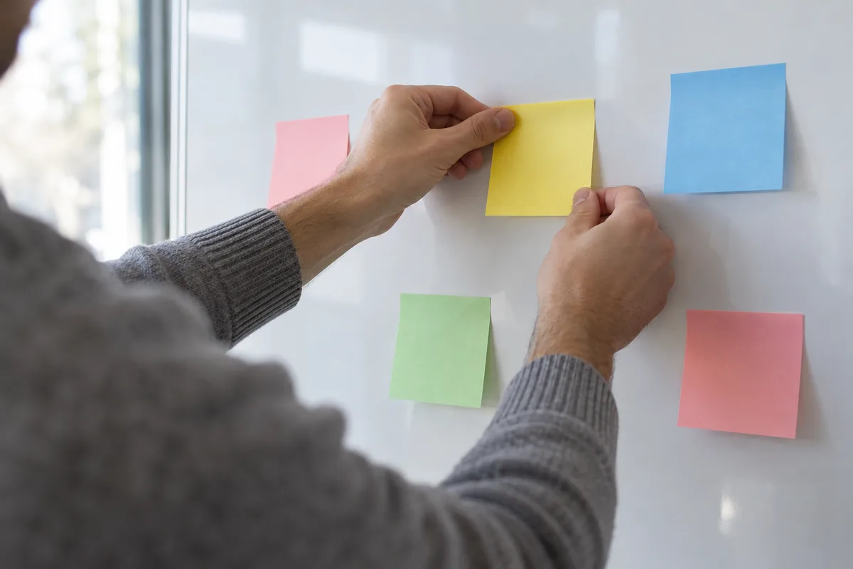 Mains d’un homme en pull gris posant des post-it de couleur unie sur un tableau blanc vide