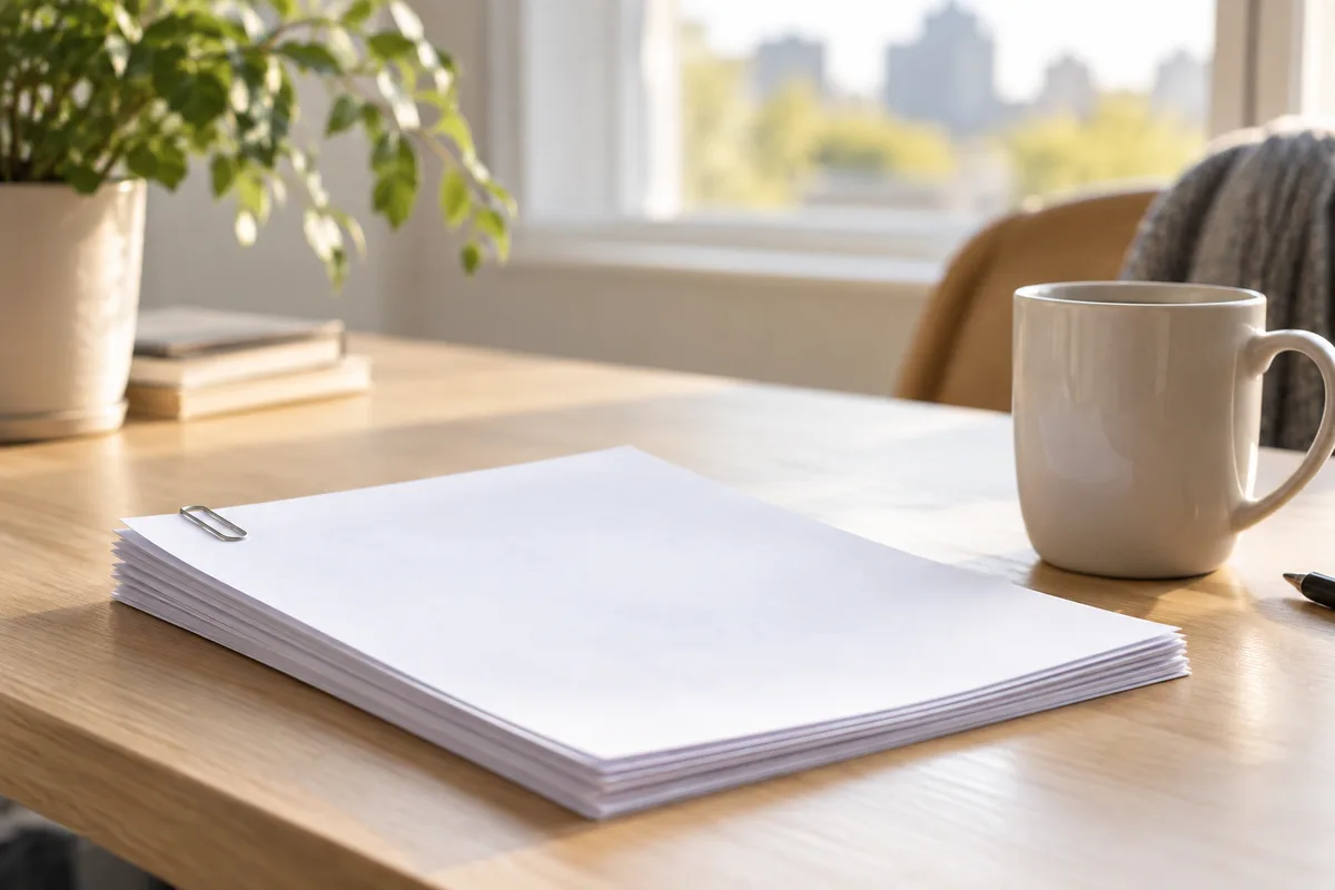Pile de feuilles blanches reliées par un trombone posée à côté d’un mug sur une table en bois