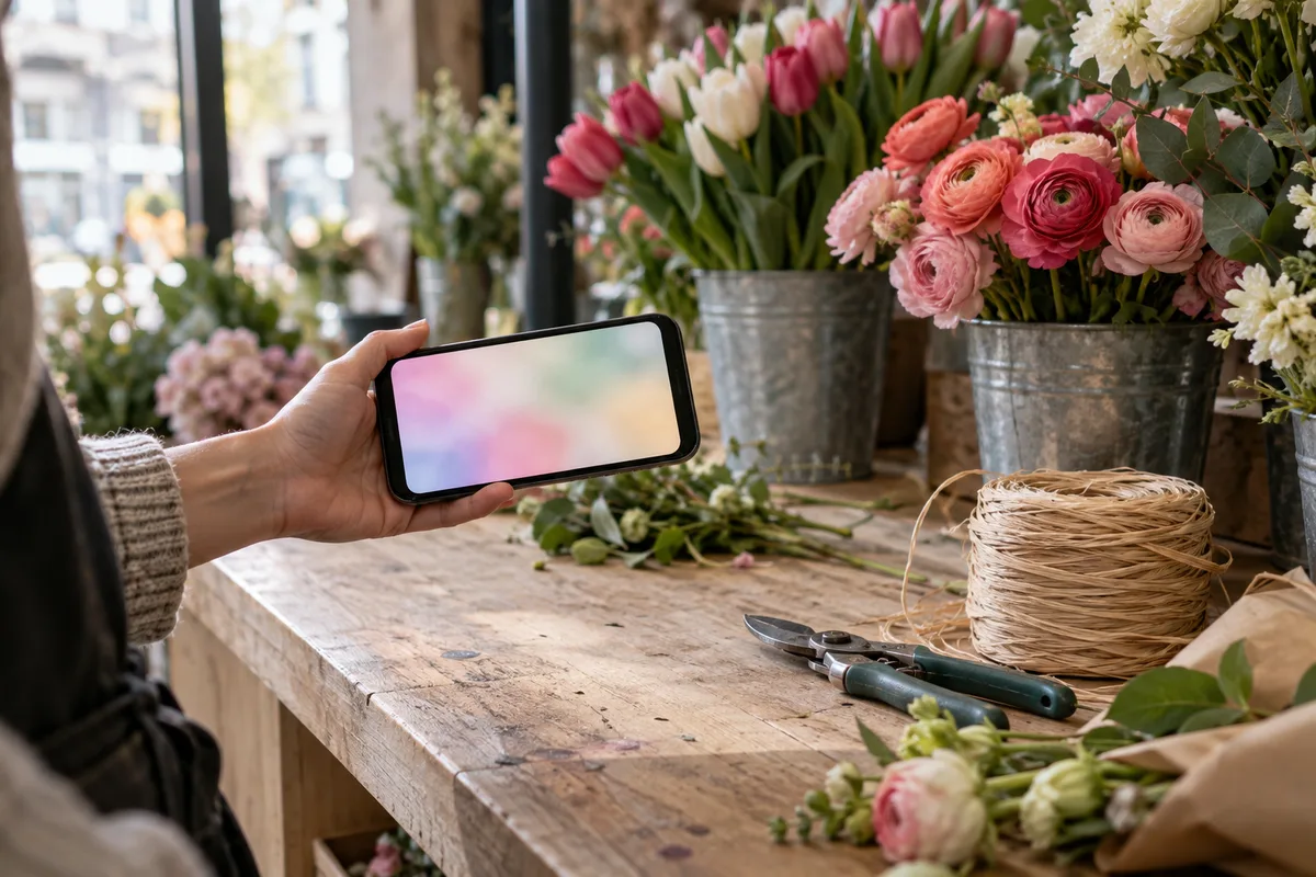 Smartphone tenu au-dessus d&rsquo;un comptoir de fleuriste pour tester un site sur mobile