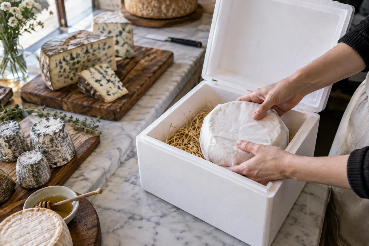 Fromages emballés dans une boîte isotherme pour une commande passée en ligne