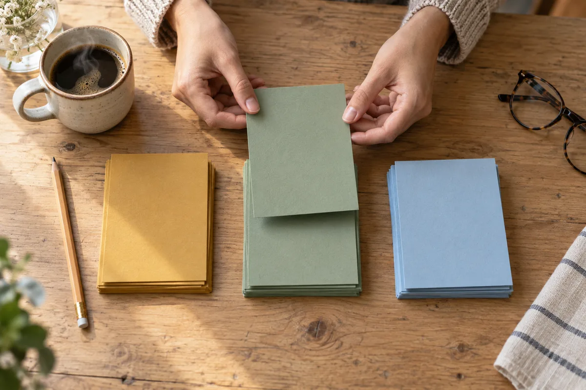 Fiches réparties en trois piles pour trier les pages avant une refonte